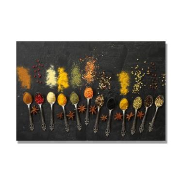 Imagem de Arte de parede em tela colorida para especiarias e colher de tempero | Decoração de cozinha vintage | Arte moderna para casa e sala de jantar. C83. 50 x 75 cm - 19,7 x 29,6 pol. Somente tela