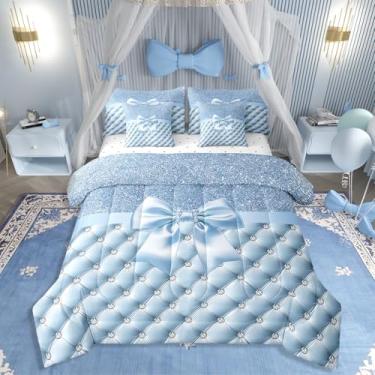 Imagem de Erosebridal Jogo de cama infantil de 7 peças, com laço e laço, tamanho casal feminino, geométrico, diamante, para meninas, meninos, adolescentes, decoração de quarto, azul