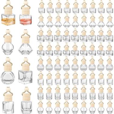 Imagem de 80 peças de 8 ml difusor de ambientador de carro suspenso com cordão de tampas de madeira, difusor de ar de óleo essencial de aromaterapia de vidro transparente vazio para presente de perfume
