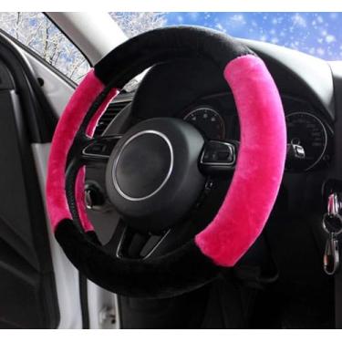 Imagem de Capa de volante de carro de inverno fofa para mulheres, macia, quente, felpudo, fofo, acessórios automotivos para veículos (preto, rosa, tamanho grande [38,5-41 cm])
