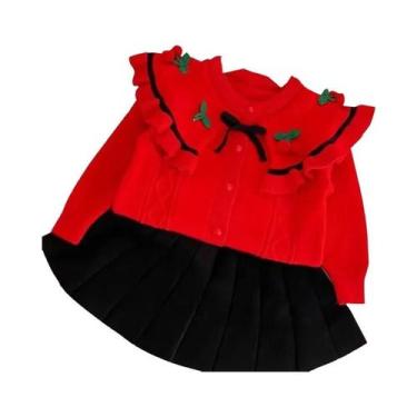 Imagem de Conjunto De Saia Tricotada Com Estampa De Cereja Para Meninas, Roupa D