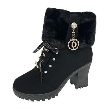 Imagem de Botas femininas casuais de salto grosso com cadarço para outono inverno confortável e elegante design versátil, Preto, 35