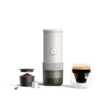 Imagem de OutIn Mino Máquina de café expresso elétrica portátil, mini cafeteira de acampamento para viagem, máquina de café de bolso com aquecimento automático, adaptador para café moído e cápsulas NS
