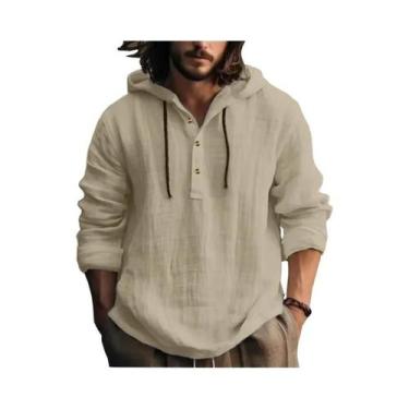 Imagem de Camisa Casual De Manga Longa Com Capuz Em Algodão E Linho Para Homens,