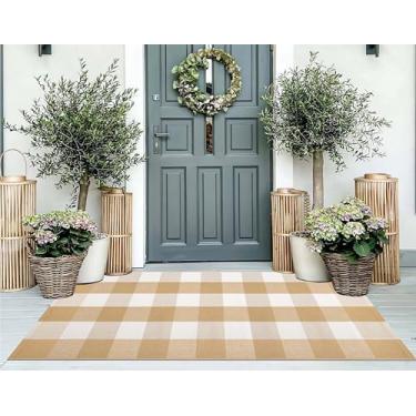 Imagem de Tapete externo de 6 x 10 cm cáqui e branco quadriculado para varanda frontal de algodão tecido lavável em camadas para entrada, sala de jantar, quarto, sala de estar