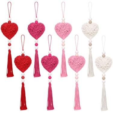 Imagem de Tegeme 8 peças de enfeites de coração de dia dos namorados de 29 cm com borla de contas de madeira, decorações para pendurar, boho, fios de algodão, feitos à mão, corações, decoração rústica de casa