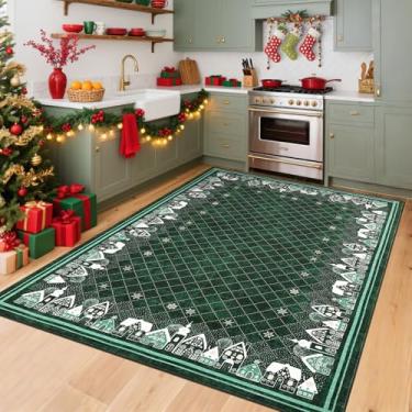 Imagem de Tapete de área de 10 x 15 cm para férias, tapetes laváveis de Natal para quarto, sala de estar, antiderrapante, tapete grande para sala de jantar, tapete moderno com bordas decorativas de Natal para
