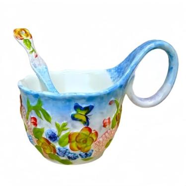Imagem de Wixann Tigela de sopa de 500 ml segura para micro-ondas, tigela de cereais de cerâmica pintada à mão com alça de laço para sopa, iogurte, lanche, batata frita, ensopado, sorvete (flor borboleta amor)