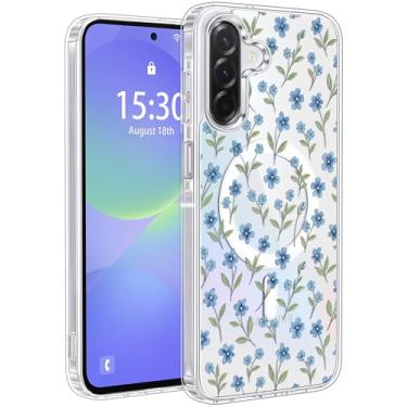 Imagem de Jkvare Capa para Samsung Galaxy A36 compatível com MagSafe, capa protetora magnética sem fio com padrão estético cristalino para mulheres e meninas - pétalas azuis