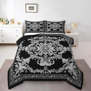Imagem de Jogo de cama para adultos, preto, damasco, gótico, vintage, floral, flores barrocas vitorianas, boêmio, exótico, mandala, boêmio, geométrico, listras, conjunto de cama