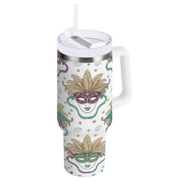 Imagem de Blueangle Copo isolado de máscara de carnaval de 1,134 g com alça e tampa de palha, caneca de viagem reutilizável de aço inoxidável (713)