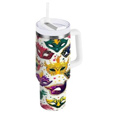 Imagem de Blueangle Copo isolado com padrão de máscaras de carnaval de 1,134 g com alça e tampa de palha, caneca de viagem reutilizável de aço inoxidável (47)
