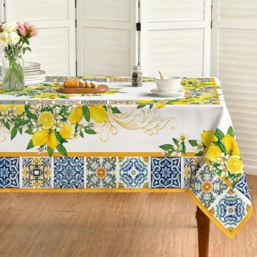 Imagem de Horaldaily Toalha de mesa retangular de verão 152 × 152 cm, estampa vintage de limão, branca, amarela, capa de mesa lavável para decoração de festa, piquenique, jantar