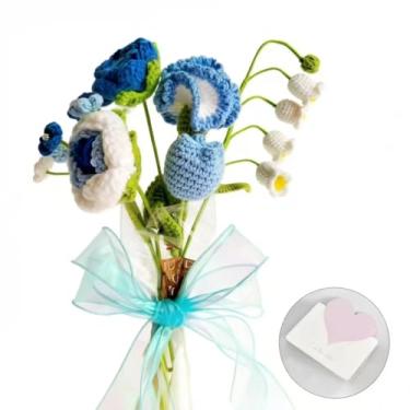 Imagem de Qupace Conjunto de 6 buquê de flores de crochê feito à mão, arranjo floral tricotado com design de lírio do vale, decoração de casa artificial (azul)