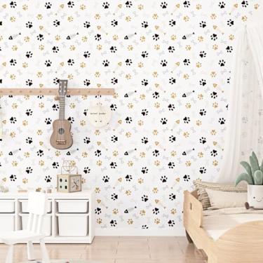 Imagem de EPPKILY Papel de parede dourado e marrom de 44,5 x 797,6 cm, adesivos de impressão de pata para cães e ossos de peixe, papel de contato, papel de parede autoadesivo vintage com estampa de animais para