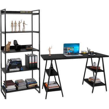 Imagem de Kit Mesa Cavalete 150 cm com Estante 5 Prateleiras Estilo Industrial Form C01 Preto Onix - Lyam Decor