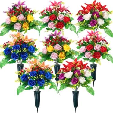 Imagem de Yuxung 8 conjuntos de flores artificiais de cemitério com vaso de sepultura, ramo de lírio de rosas em memorial, arranjo de flores de cemitério de seda artificial com vaso para decoração de lápide de