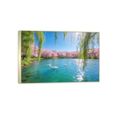 Imagem de BMZFYBS Impressão em tela de paisagem pronta para pendurar - árvore rosa lago animais - pintura de arte de parede - decoração de casa moderna imagem moldura prata 50 x 75 cm 20 x 30 pol
