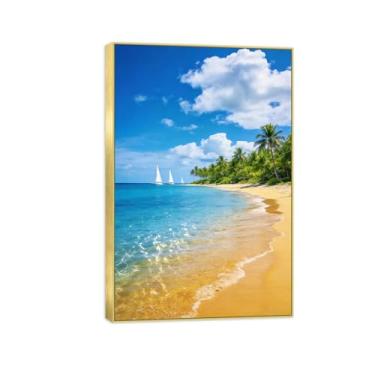Imagem de BMZFYBS Impressão em tela de paisagem pronta para pendurar - praia árvore do mar - pintura de arte de parede decoração moderna para casa quadro dourado 20 x 30 cm 8 x 12 pol