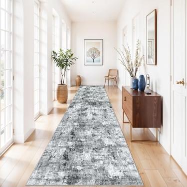 Imagem de Tapete de corredor longo de 9 x 3,7 m - Tapete de cozinha antiderrapante lavável com suporte de borracha, tapete de piso fino neutro neutro moderno para entrada, quarto, sala de estar (cinza)