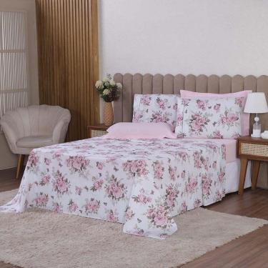Imagem de Jogo De Lençol Beatriz Solteiro 3 Peças Percal 180 Fios 100% Algodão Ponto Palito - Rosa Floral