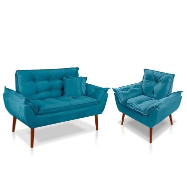 Imagem de Kit 01 Poltrona Opala + 01 Namoradeira Opala + 02 Almofadas Suede Azul Tiffany