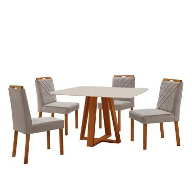 Imagem de Conjunto Sala De Jantar Mesa Floripa 120x90cm Off White Com 4 Cadeiras Dallas Veludo Cinza