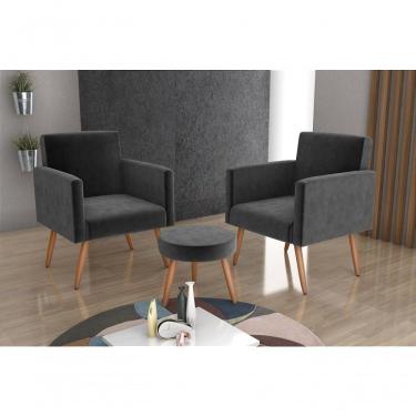 Imagem de Kit 2 Poltronas Decorativas E Puff Decorativo Pés Palito Dallas Matrix Veludo Maserati Cinza