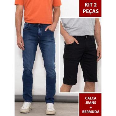 Imagem de Kit 2 Peças Masculino: Calça Jeans Slim Azul + Bermuda Casual Preta Sa