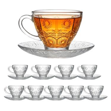 Imagem de Jogo 10 Xícara De Chá Vidro Transparente Com Pires Bohemia Café Relevo 220ml Em Casa Tem