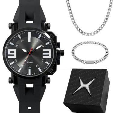 Imagem de Relogio masculino preto + caixa pulseira + cordao grumet preto grande 