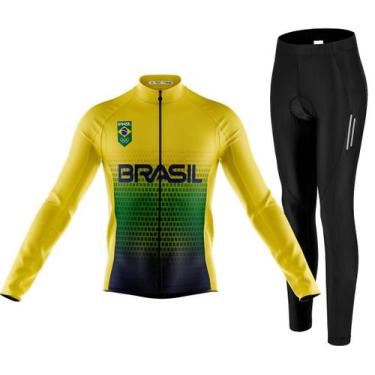 Imagem de Conjunto Camisa Manga Longa Brasil Com Calça Ciclismo Espuma Refletivo