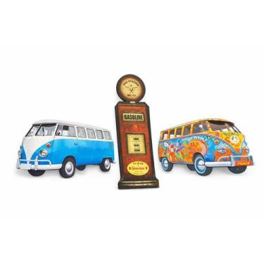 Imagem de Placas MDF Decorativas Kombi Azul + Hippie Gas Station Kit 3 - KF IMPO