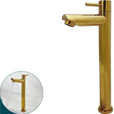 Imagem de Torneira Fria Dourada Inox 304 Bica Alta 1/4 de Volta Pia Banheiro Tor