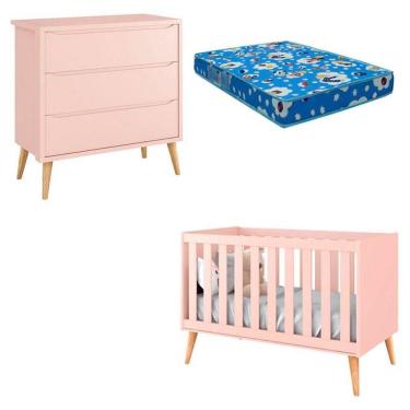 Imagem de Berço Americano e Cômoda Infantil Gaveteiro Theo Pés Madeira Natural com Colchão - Reller