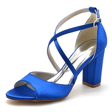Imagem de Sapatos de noiva de cetim femininos Chunky Peep Toe Sapatos de salto alto marfim Sapatos sociais 36-43,Blue,10 UK/43 EU
