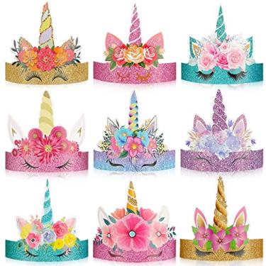 Imagem de 24 peças de chapéus de unicórnio para festa de aniversário de unicórnio, coroa de papel para meninas, crianças, decoração de tema de unicórnio, 9 estilos