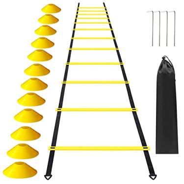 Imagem de Conjunto de escada de agilidade de 12 degraus para futebol futebol futebol fitness academia corrida treino esportivo prática de velocidade com 10 cones de disco 4 pregos e bolsa de transporte, amarelo, 6 m