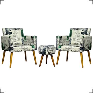Imagem de Kit 2 Poltronas Cadeiras Para Sala Decorativas Reforçadas Confortáveis Para Recepção Manicure Sala De Espera + Puff Redondo Estampa Cores Pé Castanho - Clique & Decore (Paris Verde)