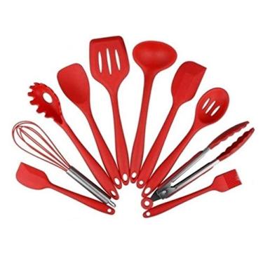 Imagem de Kit 10 peças Colheres Silicone vermelho Cabo Inox Utensílios CM21 (Vermelho)