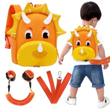 Imagem de Accmor Coleira de mochila de peitoral infantil, mochilas infantis de dinossauro fofas com elo de pulso antiperda, mochila infantil com guia para bebês meninos meninas, alça de mochila para viagem ao ar livre (laranja)