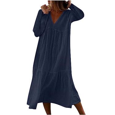 Imagem de Vestido feminino casual solto com decote em V e manga comprida vestido de praia vestido de amamentação para mulheres, Azul marino, GG