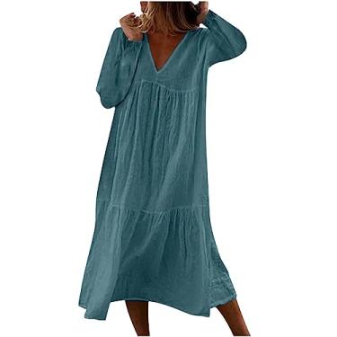 Imagem de Vestido feminino casual solto com decote em V e manga comprida vestido de praia vestido de amamentação para mulheres, Azul claro, XXG