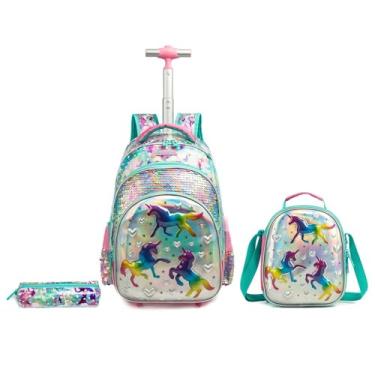 Imagem de Mochila Infantil de Rodinha Kit Menino Menina Estojo Lancheira (Rosa)
