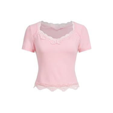 Imagem de Milumia Camisetas femininas de manga curta com acabamento em renda sólida e gola alta Y2k com laço, Rosa claro, P