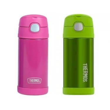 Imagem de KIT Garrafa Térmica Thermos Infantil Inox 355ml Canudo Com Alça Rosa e Verde