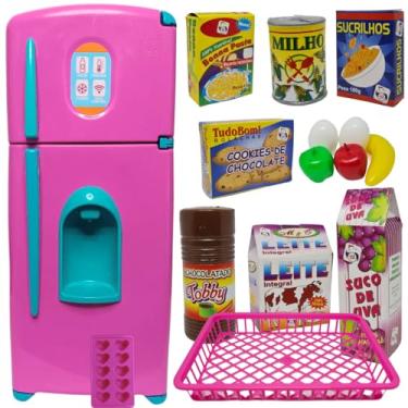 Imagem de Mini Geladeira Duplex Rosa Cozinha de Brinquedo + Comidinhas Faz de Conta