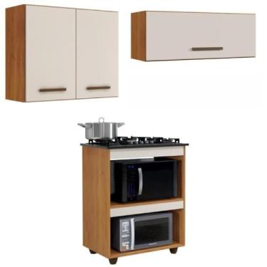 Imagem de Conjunto Balcão Cooktop 5 bocas 2 nichos e 2 Armários Aéreo Nature/off White