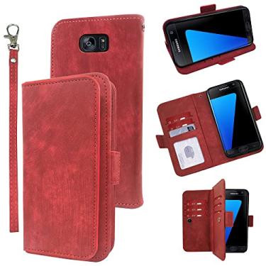 Imagem de Furiet Capa carteira compatível com Samsung Galaxy S7 Edge e alça de pulso de couro com suporte para cartão de celular para Glaxay S7edge Gaxaly S 7 Plus Galaxies GS7 7s 7edge vermelho
