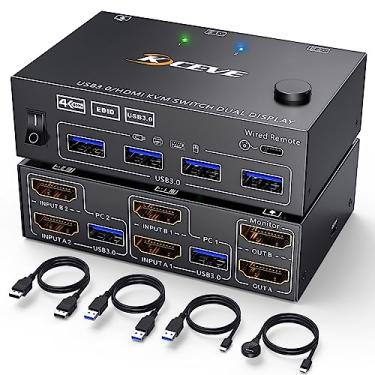 Imagem de KVM HDMI Switch 2 computadores 2 monitores, monitor duplo HDMI KVM Switcher versão USB 3.0, resolução HD 4K @60Hz, suporta cópia e exibição estendida, com função EDID para manter a janela no lugar